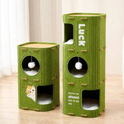 Green felt double-layer enclosed cat scratch nest with hanging toy balls and multiple openings for cats to climb and rest